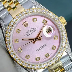 ~MENS ROLEX LADY DATEJUST  18K GOLD & SS PINK DIAMOND DIAL BEZEL LUGS 36MM WATCH