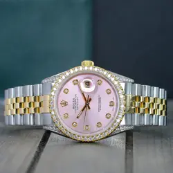 ~MENS ROLEX LADY DATEJUST  18K GOLD & SS PINK DIAMOND DIAL BEZEL LUGS 36MM WATCH