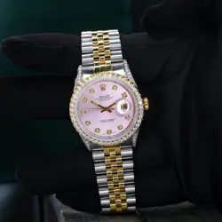 ~MENS ROLEX LADY DATEJUST  18K GOLD & SS PINK DIAMOND DIAL BEZEL LUGS 36MM WATCH
