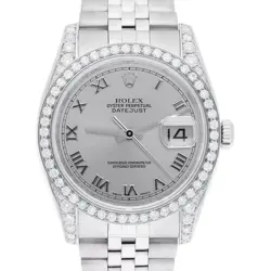 ROLEX DATEJUST 36 MM SILVER ROMAN NUMERAL DIAL STAINLESS STEEL WATCH 116234