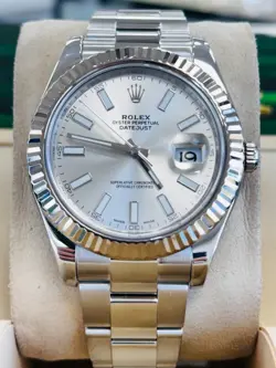 ROLEX DATEJUST II 41 116334 FLUTED BEZEL SILVER DIAL OYSTER BRACELET WATCH