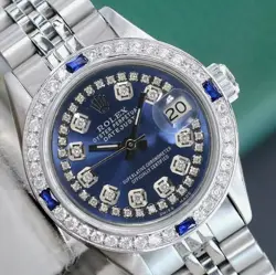 ROLEX LADY DATEJUST WATCH STAINLESS STEEL BLUE DIAL DIAMOND-SAPPHIRE BEZEL 26MM