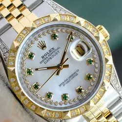 ~ROLEX MENS DATEJUST 18KY GOLD & SS WHITE MOP DIAMOND DIAL BEZEL LUGS 36MM WATCH