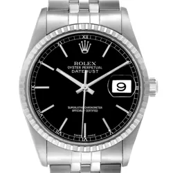 ROLEX DATEJUST ENGINE TURNED BEZEL BLACK DIAL STEEL MENS WATCH 16220