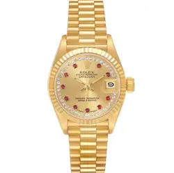 ROLEX PRESIDENT DATEJUST YELLOW GOLD STRING DIAMOND RUBY DIAL LADIES WATCH 69178