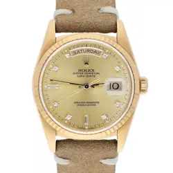ROLEX DAY DATE 36 MM 18238 CHAMPAGNE DIAMOND DIAL FLUTED BEZEL 18K GOLD WATCH
