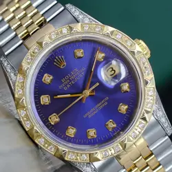 ~ROLEX MENS DATEJUST 18KY & SS BLUE DIAL DIAMOND BEZEL LUGS 36MM WATCH 16233