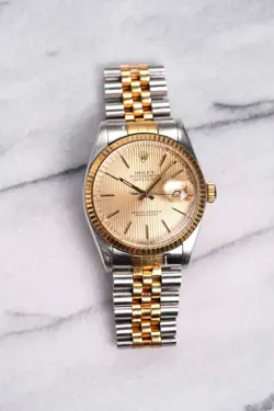 ROLEX DATEJUST REF 16013 80S CHAMPAGNE TAPESTRY DIAL 18K GOLD 36MM BOX & PAPERS