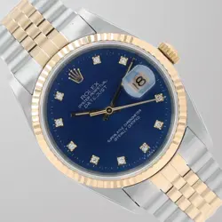 ROLEX MENS DATEJUST 36MM TWO-TONE BLUE DIAMOND OS DIAL FLUTED JUBILEE BAND 16233