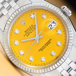 ROLEX MENS DATEJUST 18K WHITE GOLD SS YELLOW DIAMOND DIAL WATCH W/ FOLDED BAND
