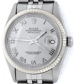 MENS ROLEX DATEJUST STAINLESS STEEL 18K WHITE GOLD WATCH SILVER ROMAN DIAL 16014