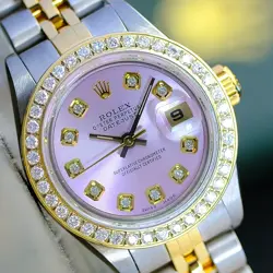 ROLEX DATEJUST TWOTONE WOMENS WATCH 18KY & SS PINK DIAMOND DIAL & BEZEL 69173