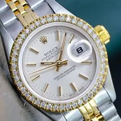 ROLEX DATEJUST TWOTONE WOMENS WATCH SILVER INDEX DIAL DIAMOND BEZEL 69173 26MM