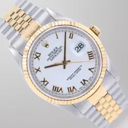 ROLEX DATEJUST TWO TONE 36MM WHITE ROMAN NUMERAL DIAL FLUTED JUBILEE BAND 16233