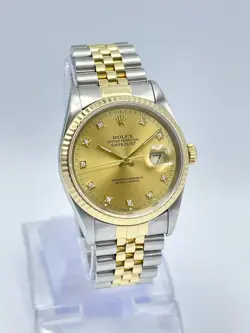 ROLEX DATEJUST 36MM 16233 FACTORY CHAMPAGNE DIAMOND DIAL FLUTED GOLD JUBILEE
