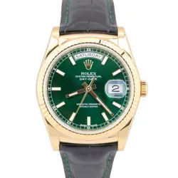 MINT ROLEX DAY-DATE GREEN PRESIDENT 36MM 18K YELLOW FLUTED WATCH LEATHER 118138