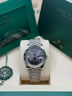 ROLEX DATEJUST 36 WIMBLEDON GRAY GREEN ROMAN DIAL FLUTED BEZEL JUBILEE BRACELET