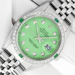 ROLEX WATCH MENS DATEJUST STEEL - WHITE GOLD WITH GREEN DIAMOND EMERALD BEZEL