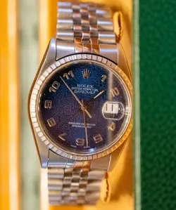 1999 36mm Rolex DateJust Jubilee Blue Logo Dial 16014 Mens Swiss Stainless Watch