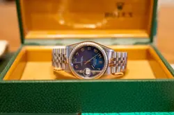 1999 36mm Rolex DateJust Jubilee Blue Logo Dial 16014 Mens Swiss Stainless Watch