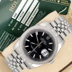 ROLEX DATEJUST 36MM BLACK INDEX DIAL STEEL JUBILEE WATCH 116234 BOX PAPERS