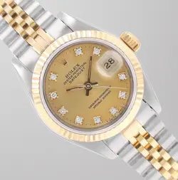 ROLEX LADIES DATEJUST TWO-TONE 26MM CHAMPAGNE DIAMOND DIAL FLUTED JUBILEE WATCH