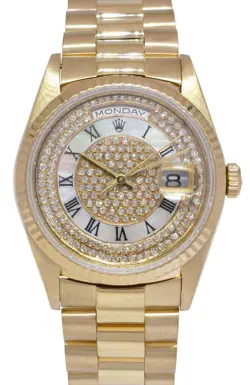 ROLEX DAY-DATE PRESIDENT 18K YELLOW GOLD MOP DIAMOND DIAL WATCH T 18238