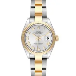 ROLEX DATEJUST 28 STEEL YELLOW GOLD SILVER DIAL LADIES WATCH 279173 BOX CARD