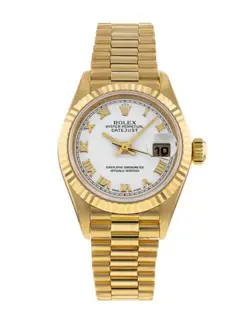 LADIES ROLEX 26MM PRESIDENT 18K GOLD WRISTWATCH WITH WHITE DIAL & FLUTED BEZEL.