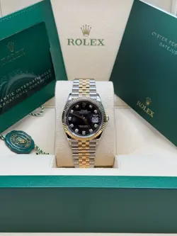 ROLEX DATEJUST 36 BLACK DIAMOND DIAL TWO TONE YELLOW GOLD JUBILEE BRACELET