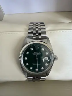 ROLEX DATEJUST 18K WHITE GOLD STEEL GREEN DIAMOND DIAL JUBILEE MENS WATCH.