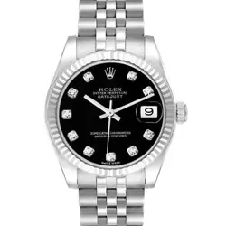 ROLEX DATEJUST MIDSIZE STEEL WHITE GOLD BLACK DIAMOND DIAL WATCH 178274 BOX CARD