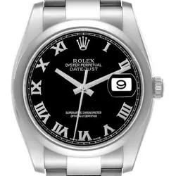 ROLEX DATEJUST BLACK ROMAN DIAL STEEL MENS WATCH 116200 BOX CARD