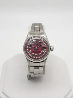 ESTATE $8000 ROLEX DATEJUST PINK MOP EMERALD DIAMOND SS LADIES WATCH SERVICED