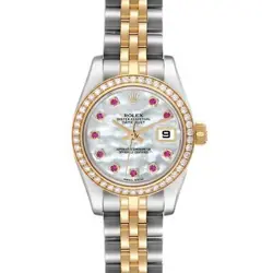 ROLEX DATEJUST 26 STEEL YELLOW GOLD MOP RUBY DIAMOND LADIES WATCH 179383