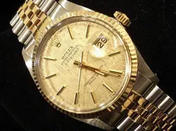 Rolex Datejust Mens 2Tone 18K Yellow Gold Stainless Steel Watch Linen Dial 16013