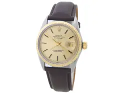 Vintage Mens Rolex Datejust 1601 Two-Tone Watch Gold Champagne Dial Brown Strap
