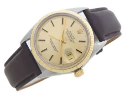 Vintage Mens Rolex Datejust 1601 Two-Tone Watch Gold Champagne Dial Brown Strap