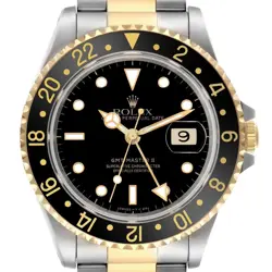 ROLEX GMT MASTER II STEEL YELLOW GOLD BLACK DIAL MENS WATCH 16713 BOX PAPERS