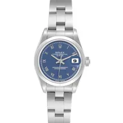 ROLEX DATE BLUE ROMAN DIAL SMOOTH BEZEL STEEL LADIES WATCH 69160