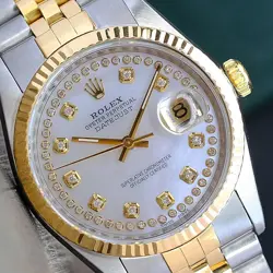 ROLEX DATEJUST WOMENS TWOTONE WATCH WHITE MOP DIAMOND DIAL 18KY FLUTED JUBILEE