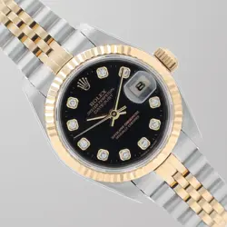 ROLEX LADIES DATEJUST 26MM BLACK DIAMOND DIAL FLUTED JUBILEE WATCH W/ PAPER