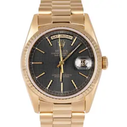 MINT ROLEX DAY-DATE PRESIDENT 36MM BLACK TAPESTRY 18K YELLOW GOLD WATCH 18238