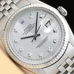 ROLEX MENS DATEJUST 18K WHITE GOLD & STAINLESS STEEL SILVER DIAMOND DIAL WATCH