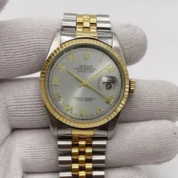 ROLEX DATEJUST 36MM STEEL 18K YELLOW GOLD SILVER ROMAN DIAL MENS WATCH 16233