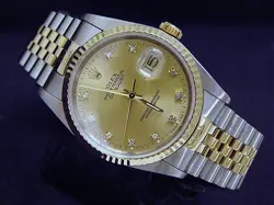 Mens Rolex Datejust 2Tone 18k Gold Steel Watch Gold FACTORY DIAMOND Dial 16233