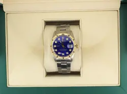 1985 ROLEX DATE 1500 BLUE DIAMOND DIAL GOLD BEZEL SS OYSTER NO PAPERS 34MM