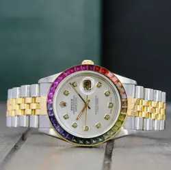~ROLEX DATEJUST WATCH UNISEX 18KY & SS WHITE MOTHER OF PEARL DIAL RAINBOW BEZEL