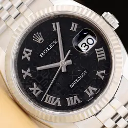 ROLEX MENS DATEJUST 116234 BLACK ROMAN JUBILEE DIAL 18K WHITE GOLD STEEL WATCH