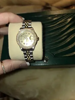 ROLEX LADY DATEJUST 26MM TWO TONE WATCH 18K DIAMOND BEZEL-WHITE MOP DIAMOND DIAL
